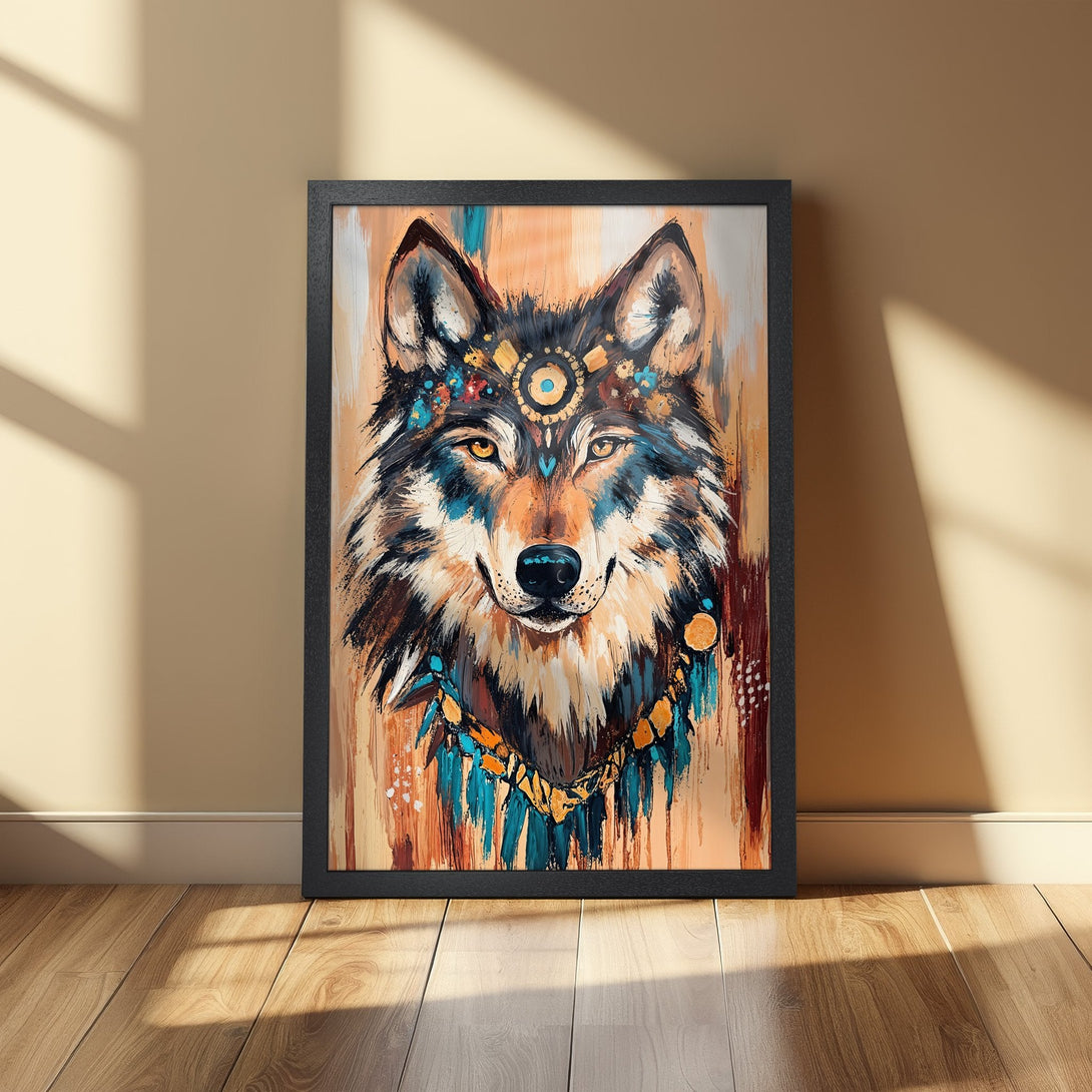 Framed Poster of a majestic wolf, vibrant abstract style with earthy tones and teal accents. Add a touch of wild to your space!