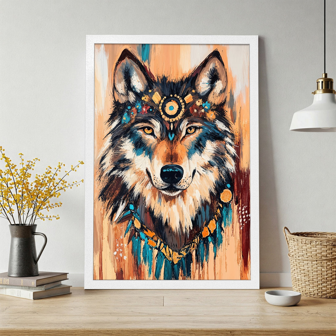Framed Poster featuring a majestic wolf in an abstract, tribal style. Earthy tones with pops of turquoise and gold. Perfect wall art!