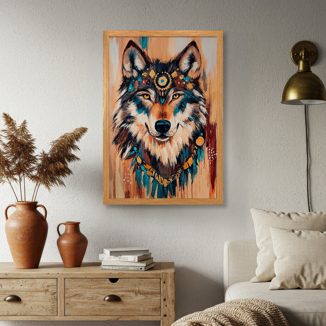 Framed Poster featuring a majestic wolf in an artistic style with a warm, earthy color palette. Perfect for home decor!