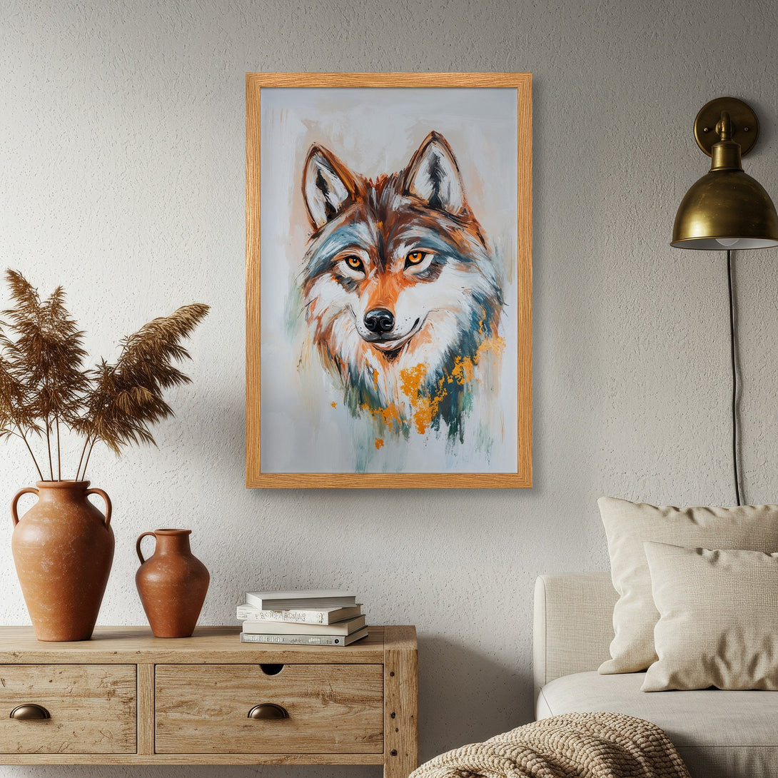 Framed Poster featuring a wolf portrait in an expressive, painterly style with a warm, earthy color palette. Perfect wall art!