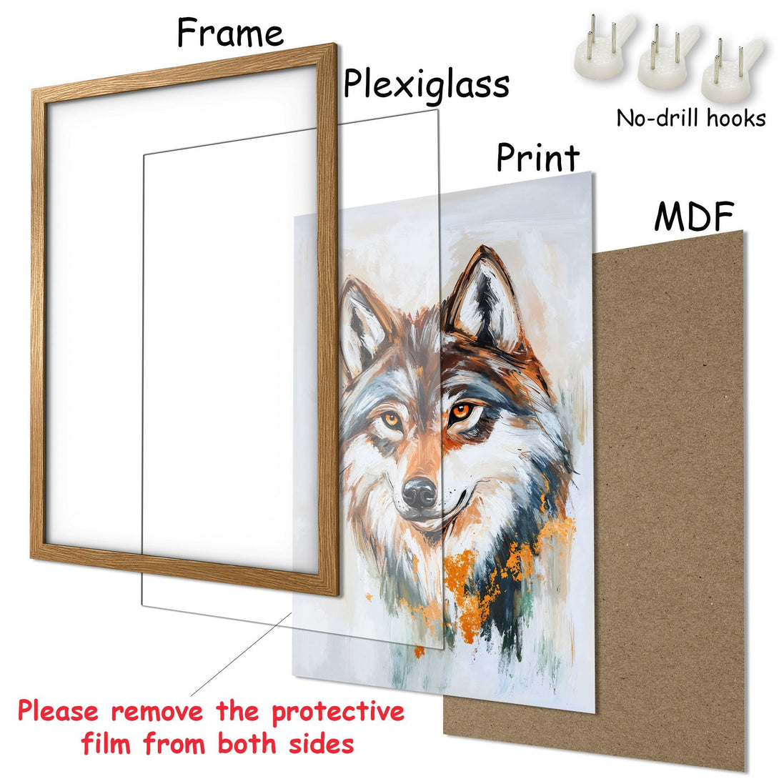Framed Poster featuring a wolf art print in a warm color palette. Perfect wall decor for any room!