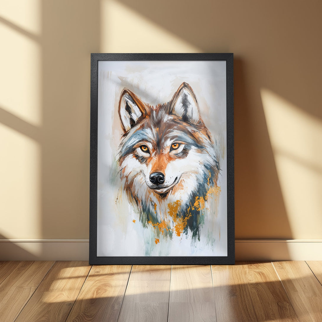Framed Poster of a wolf in an abstract style with a warm color palette. Enhance your home decor with this stunning art print.