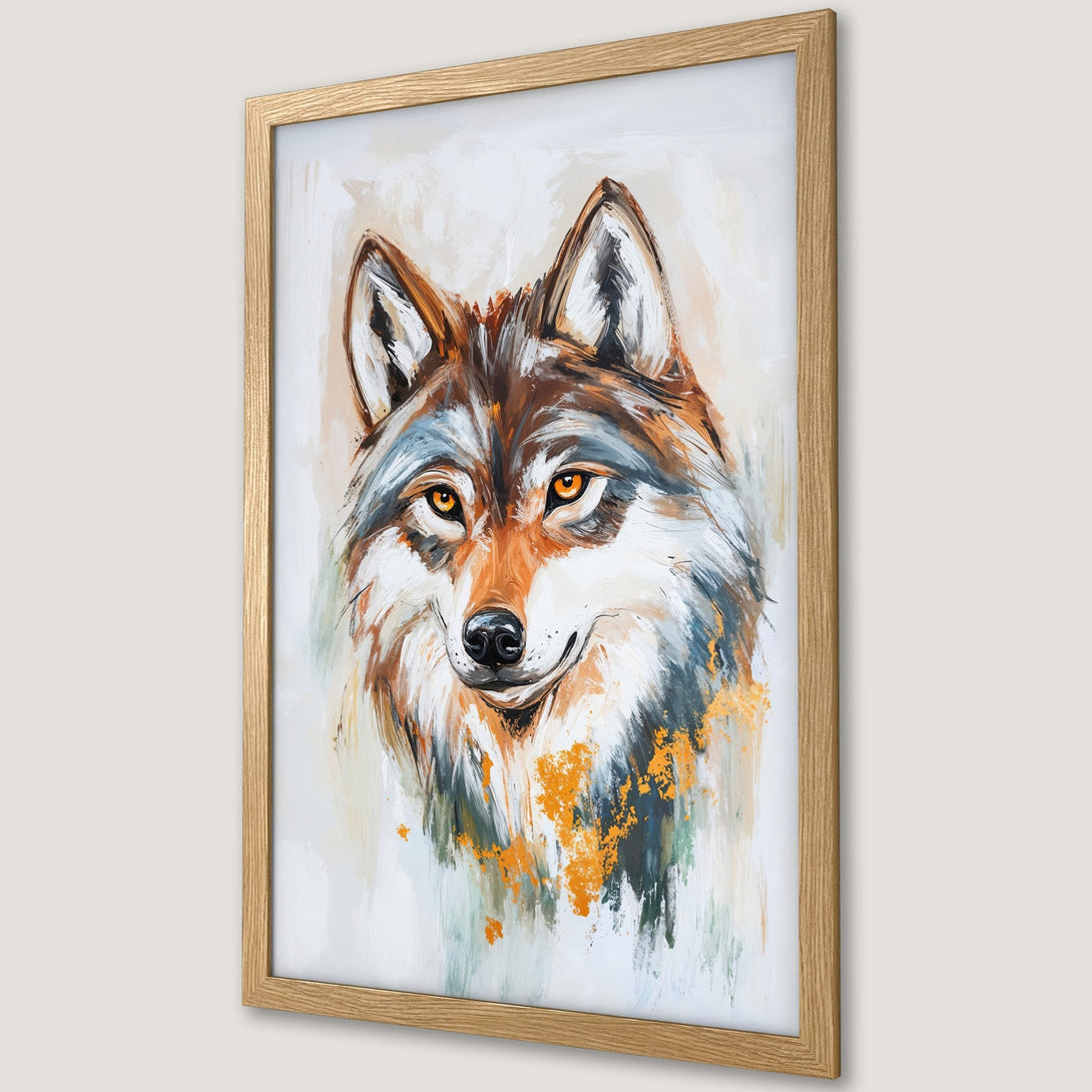 Framed Poster featuring a wolf portrait in an abstract style, with a warm color palette of browns, oranges, and whites. Enhance your decor!