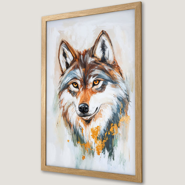 Framed Poster featuring a wolf portrait in an abstract style, with a warm color palette of browns, oranges, and whites. Enhance your decor!