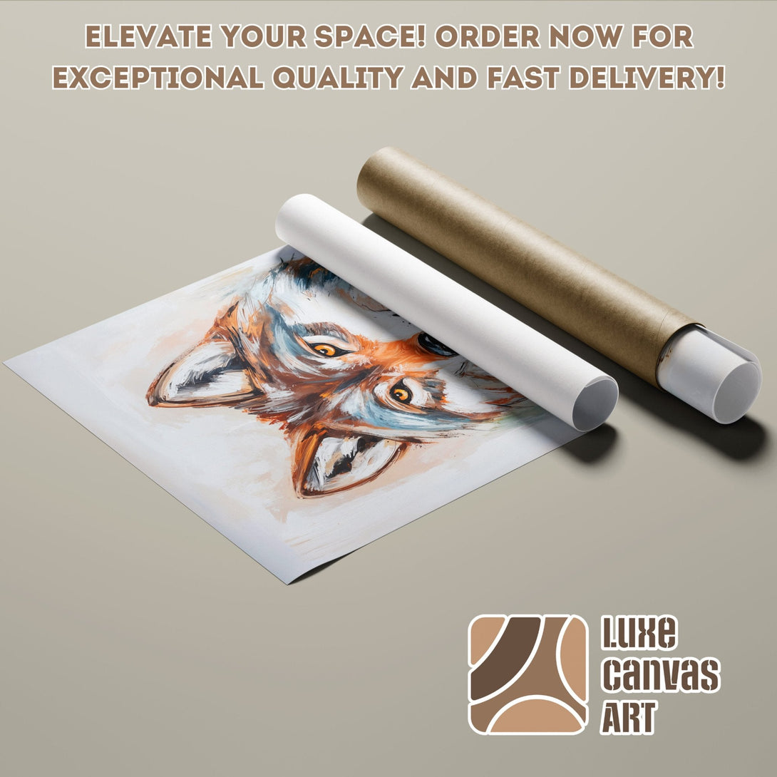 Poster Roll featuring a wolf painting in warm earth tones. Modern art style for home decor.