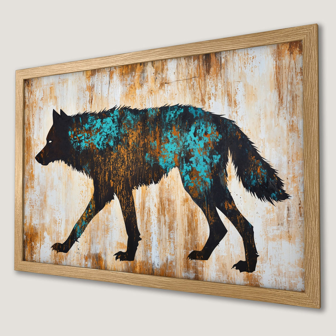 Framed Poster: Wolf silhouette art with teal & orange accents on a textured background. Modern wall decor.