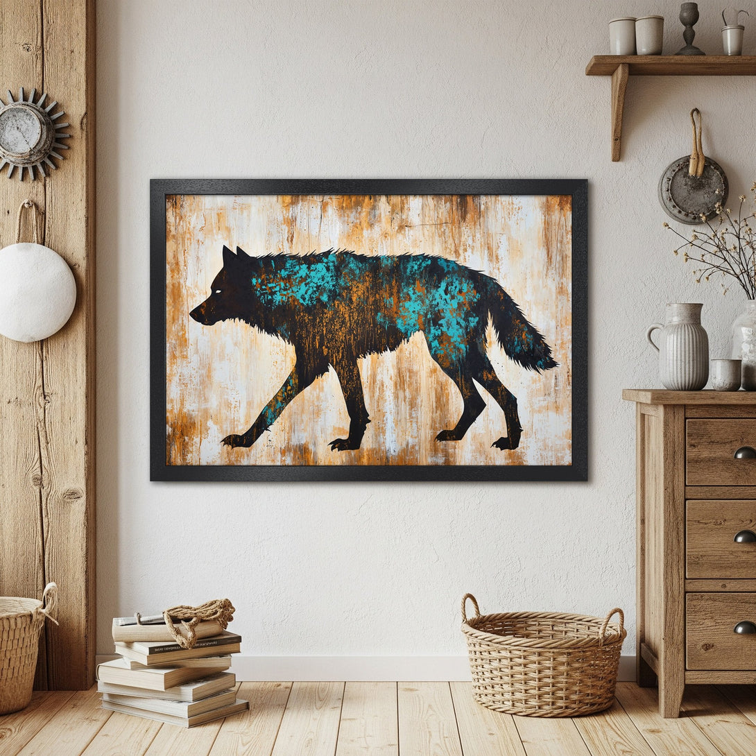 Framed Poster featuring a striking wolf silhouette in teal and rust tones. Modern art style, perfect for home decor.
