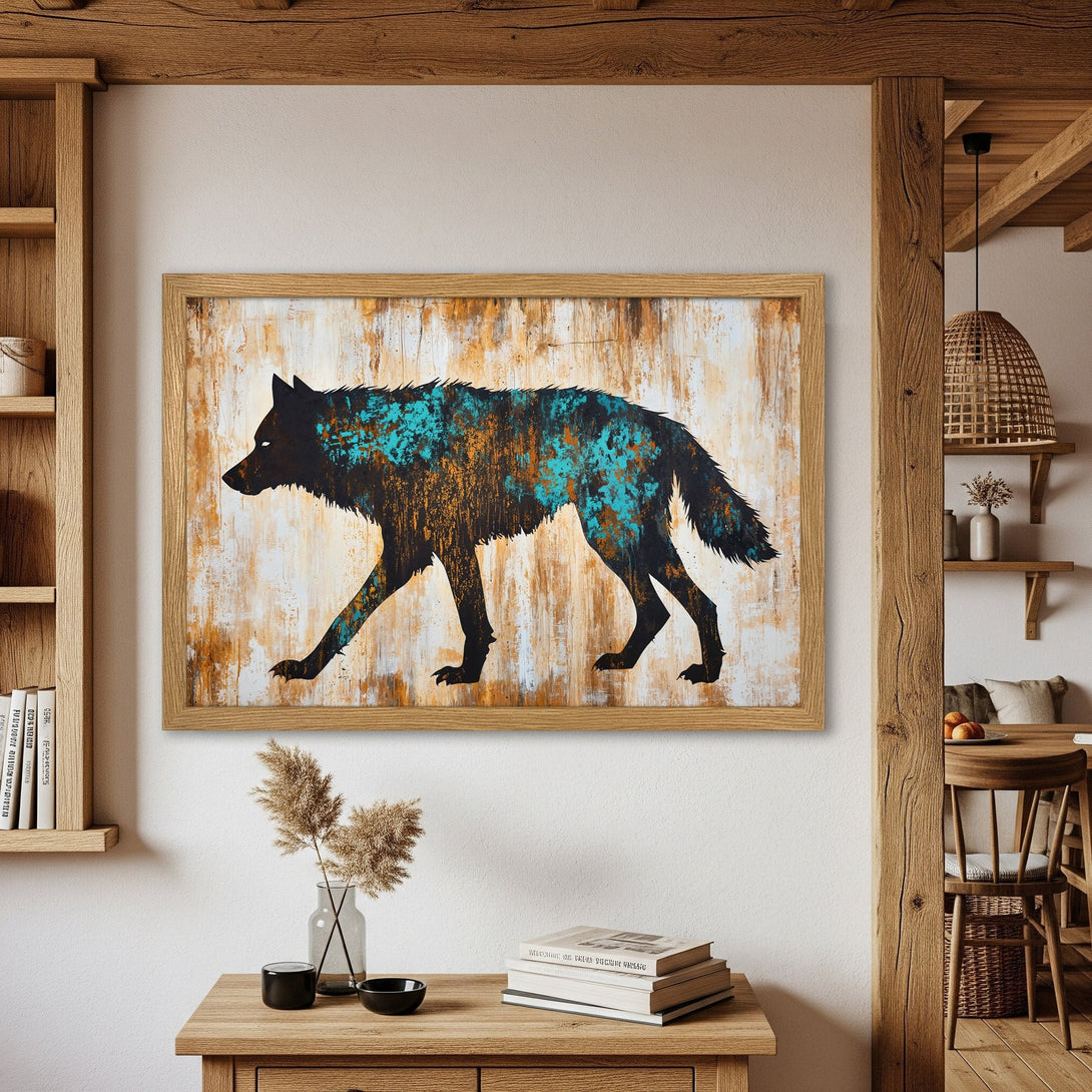 Framed Poster featuring a black wolf silhouette with teal and gold accents, rustic style. Perfect wall art for your home!