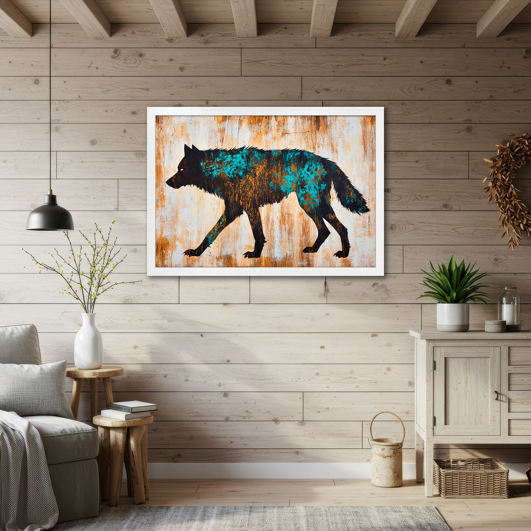 Framed Poster featuring a striking wolf silhouette with teal and orange accents. Modern art style, perfect for home decor.