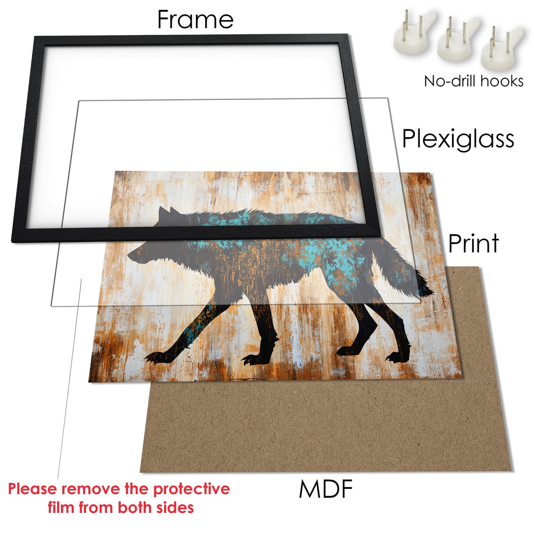Framed Poster featuring a wolf silhouette in a rustic style with a brown and teal color palette. Perfect wall art!