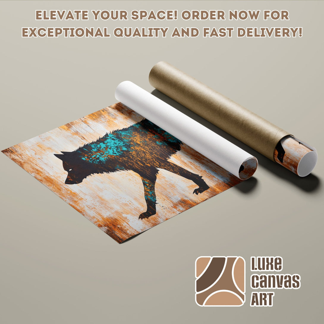 Poster Roll with wolf art, abstract style, featuring brown, teal, and white color palette. Elevate your space!