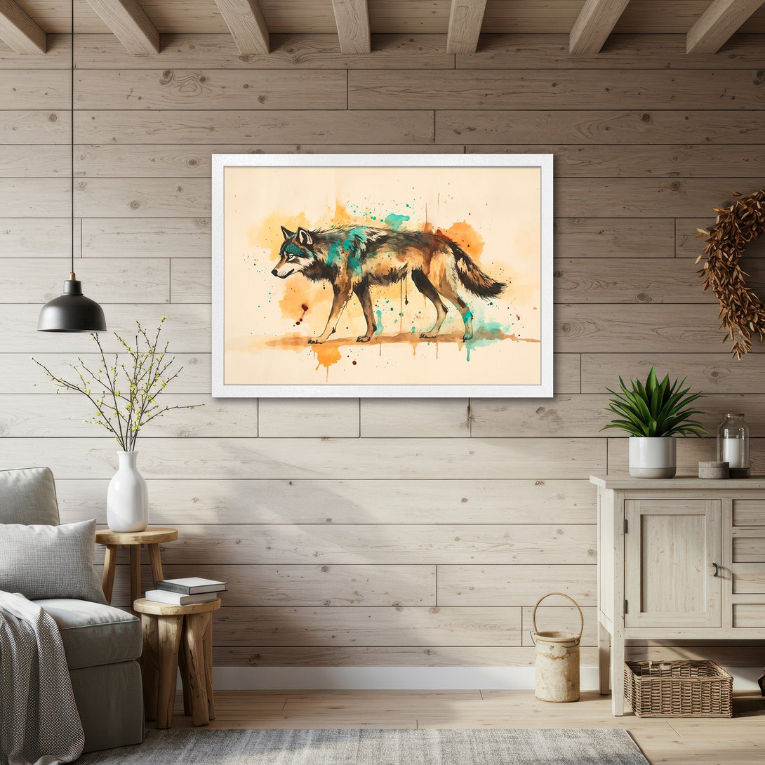Framed Poster featuring a watercolor wolf. Earthy tones and splashes of turquoise create a stunning art piece for your home.