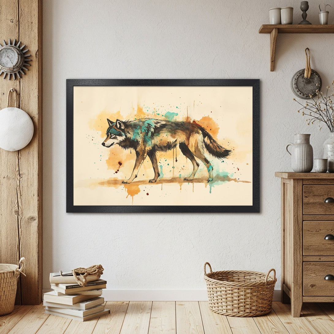 Framed Poster featuring a watercolor wolf. Earthy tones with teal accents. Perfect wall art for your home decor.