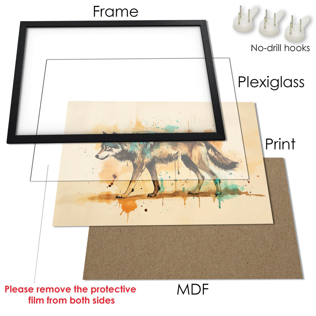 Framed Poster featuring a watercolor wolf in earthy tones. Enhance your decor with this stylish art print!