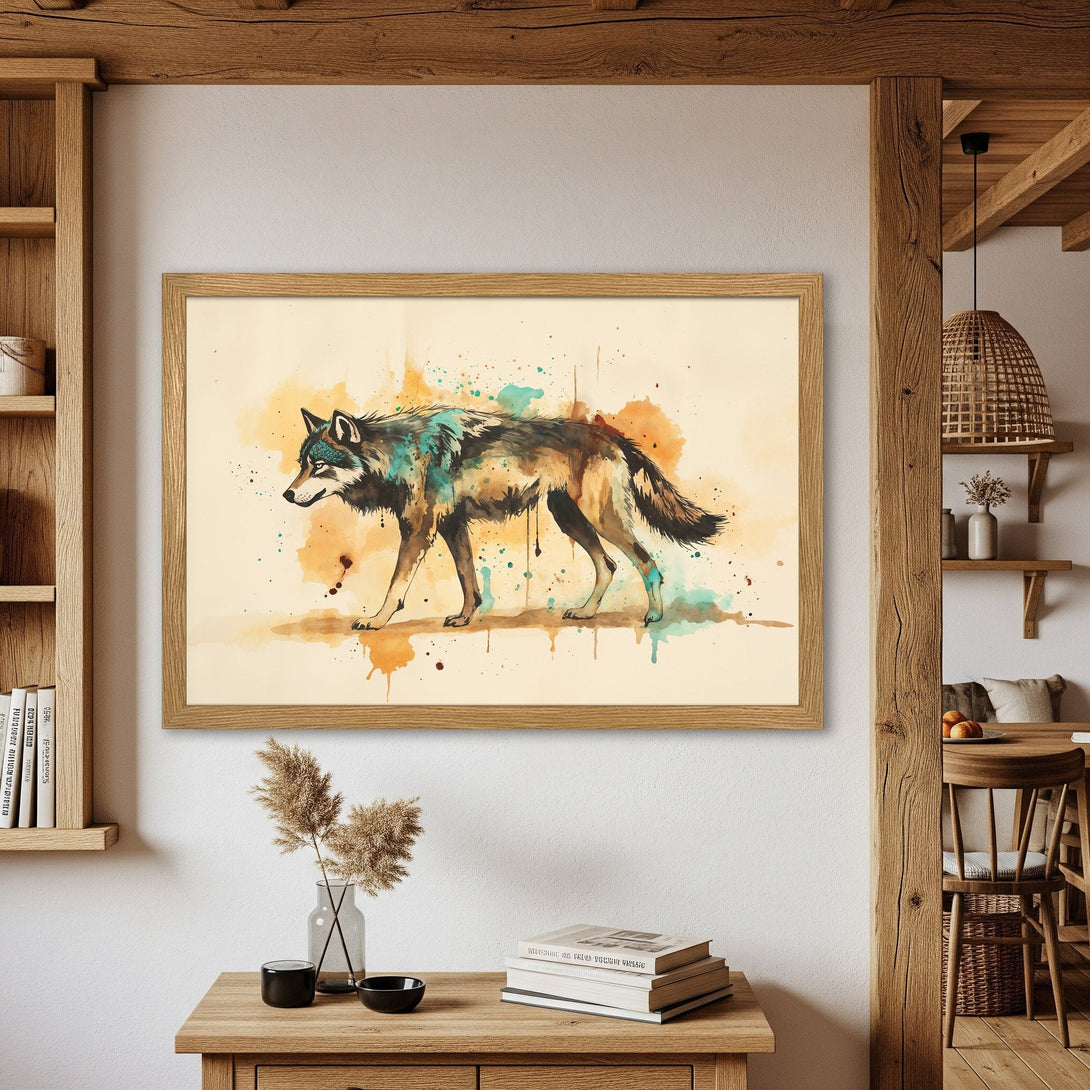 Framed Poster of a watercolor wolf in earth tones. Stunning animal art for your home.