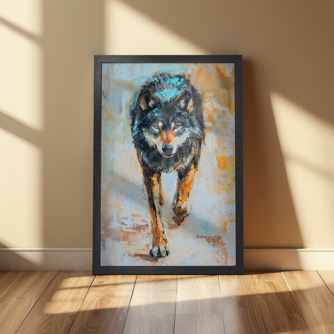 Framed Poster of a majestic wolf. Abstract style with blue, orange, and black tones. Perfect wall art for your home decor.