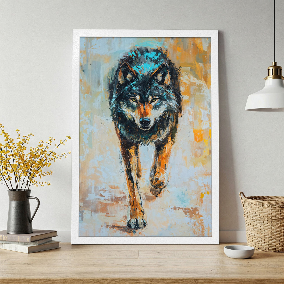 Framed Poster featuring a striking wolf artwork in an abstract style with a blue, orange, and black color palette. Perfect wall decor!