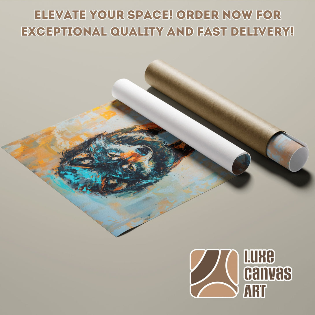 Abstract wolf art Poster Roll, featuring a vibrant blue, orange, and brown color palette. Elevate your space today!
