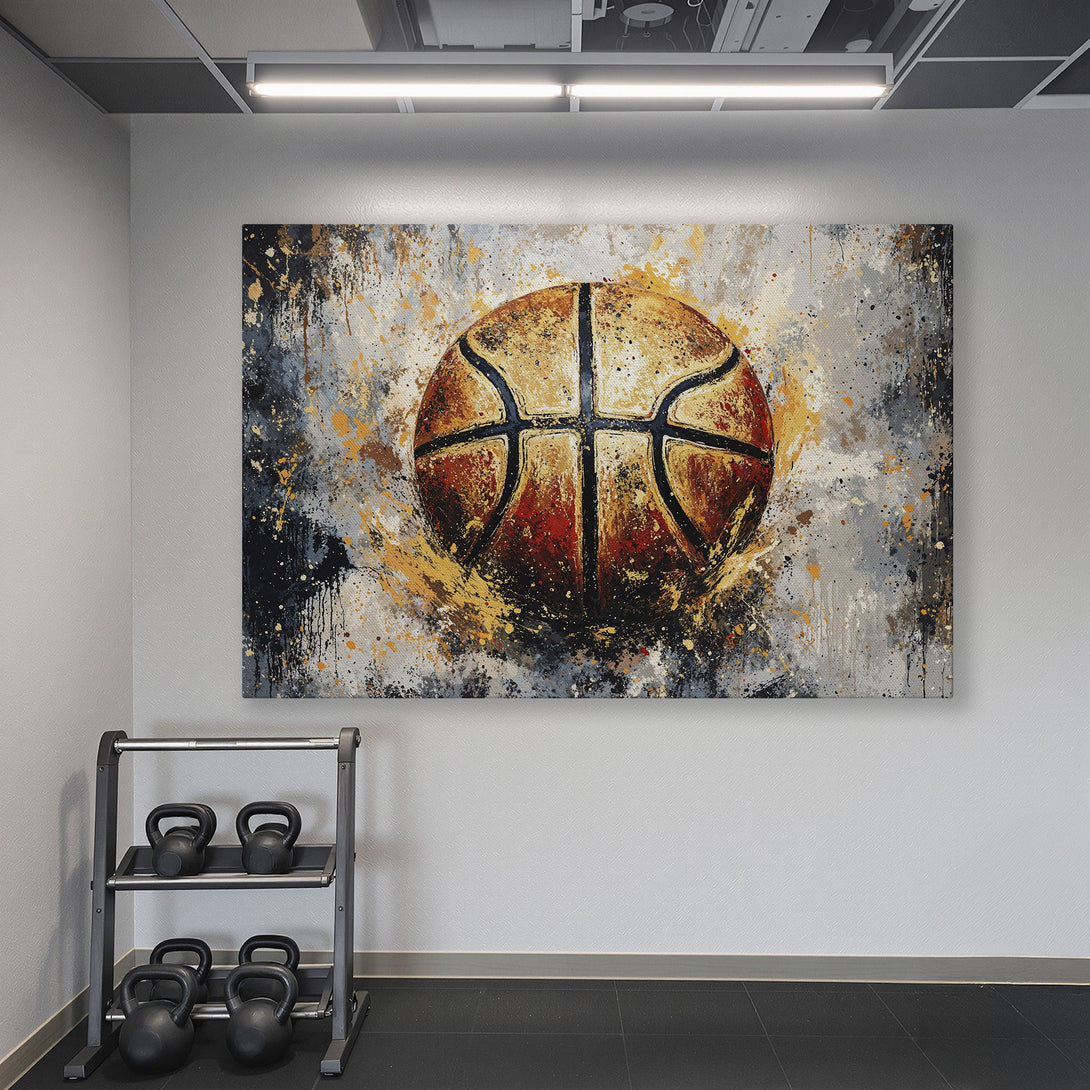 Framed Wall Art: Abstract basketball art in a gym. Modern canvas print with a warm, neutral color palette, perfect for sports enthusiasts.