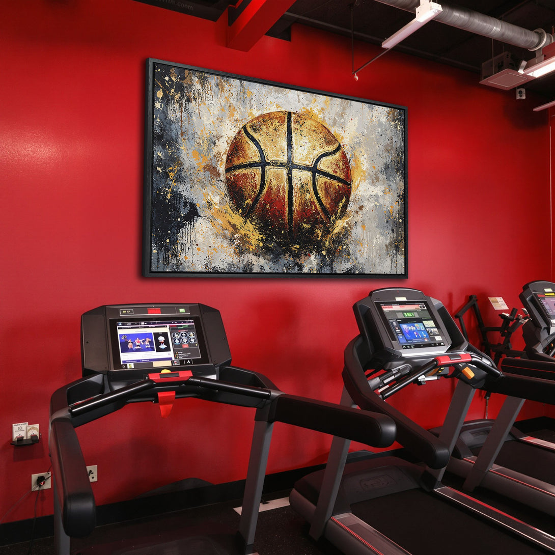 Framed Wall Art: Abstract basketball canvas print in a gym. Features a gold, black, and gray color palette. Perfect for sports enthusiasts!