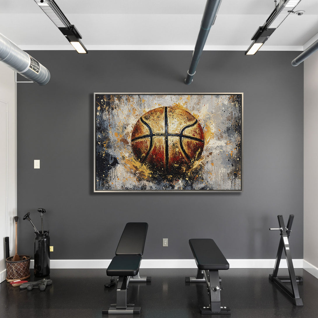 Framed Wall Art: Abstract basketball art in a modern gym. Features a brown, gold, and gray color palette, perfect for sports decor.