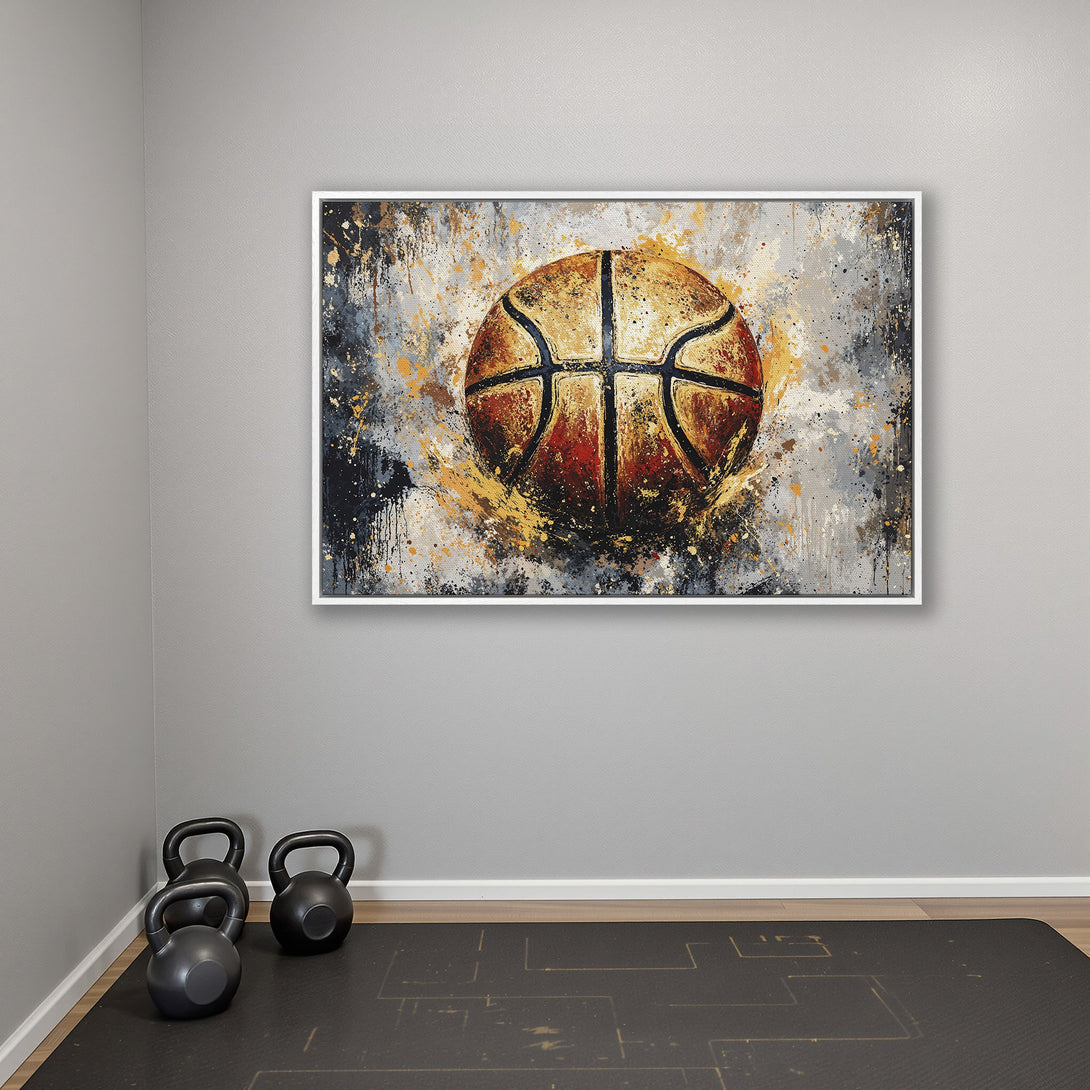 Framed Wall Art: Abstract basketball canvas print in gold, black, and gray. Modern sports decor for your home gym or living space.