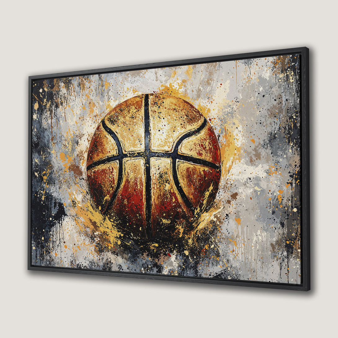 Framed Wall Art: Abstract basketball art print in warm tones of gold, red, and gray. Modern sports decor for your home.