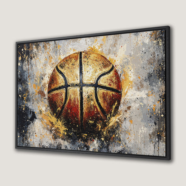 Framed Wall Art: Abstract basketball art print in warm tones of gold, red, and gray. Modern sports decor for your home.