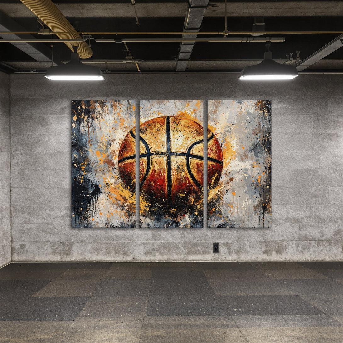 Abstract basketball Canvas Print in a modern style with a warm, orange and gray color palette. Perfect for sports fans!