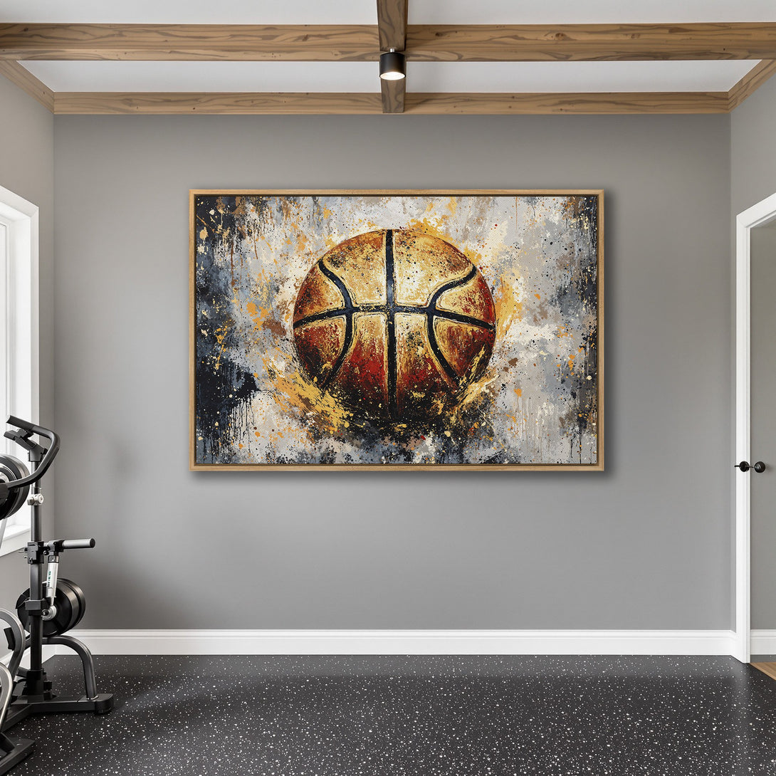 Framed Wall Art: Abstract basketball art with a modern style. Features a bold, colorful palette of gold, black, and red. Perfect for sports enthusiasts!