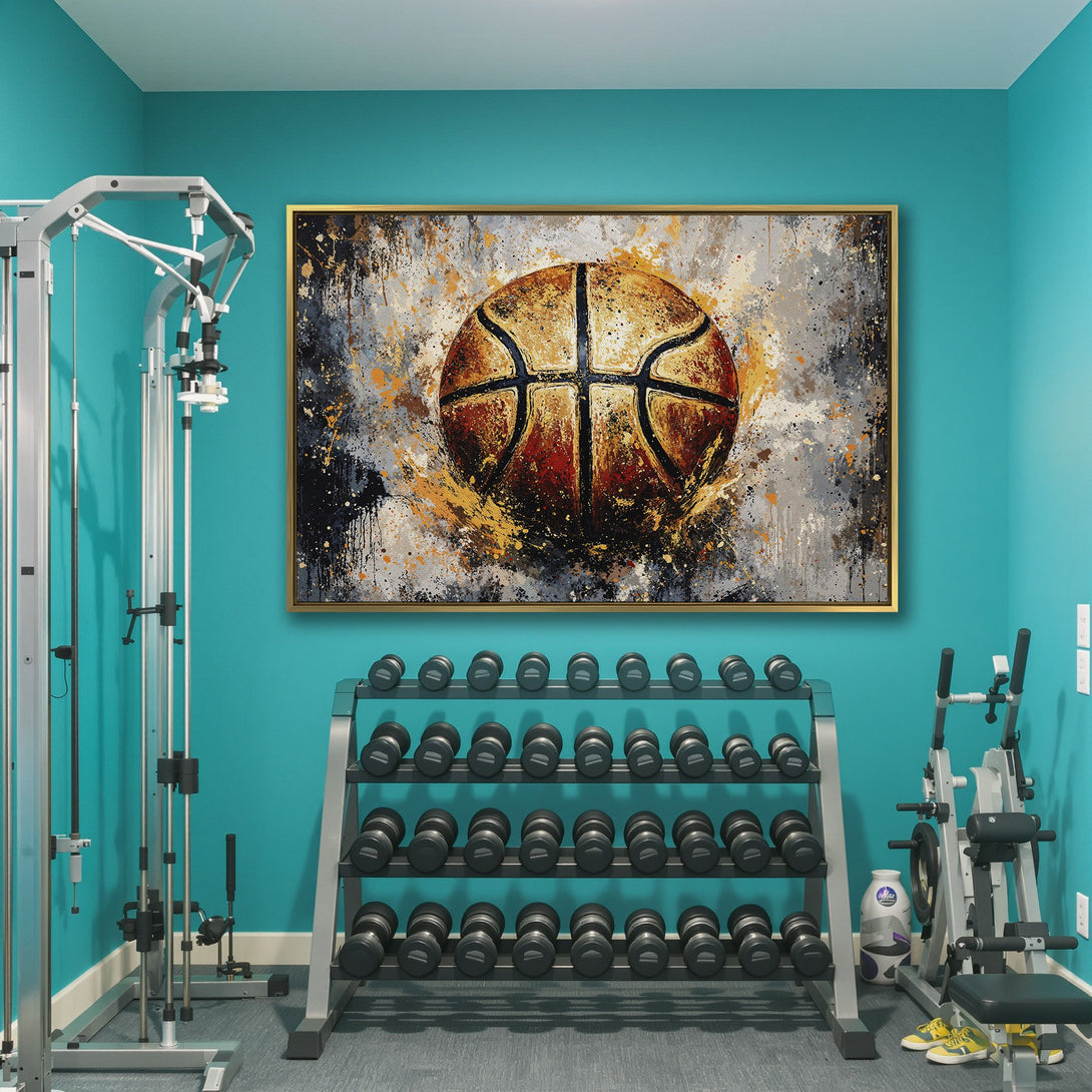Abstract basketball Canvas Print in a modern interior. Featuring a bold, colorful palette of gold, red, and gray. Perfect sports wall art.