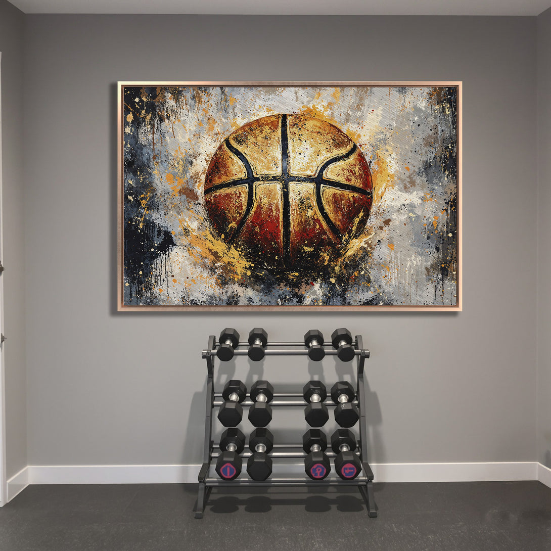 Framed Wall Art: Abstract basketball painting in a modern style. Featuring a warm, earthy color palette of gold, brown, and gray. Perfect for sports fans!