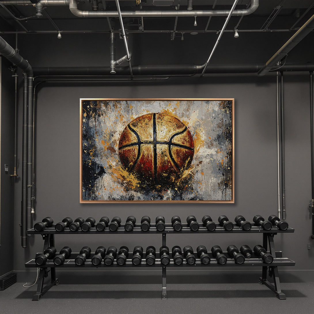 Framed Wall Art: Abstract basketball art print in a modern gym setting. Featuring a warm, earthy color palette. Elevate your space with this unique canvas print.