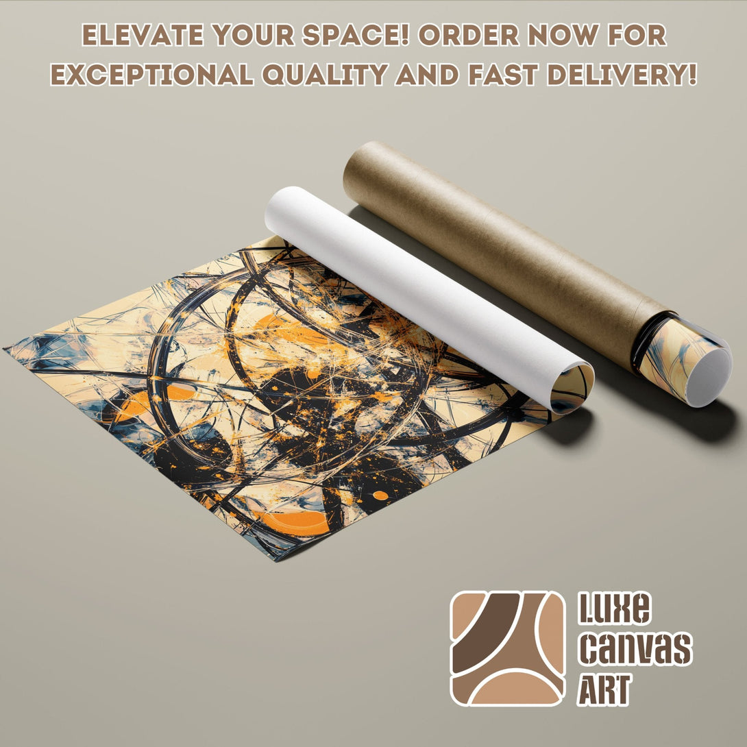 Abstract art Poster Roll in orange, black, and blue. Elevate your space! Order now.
