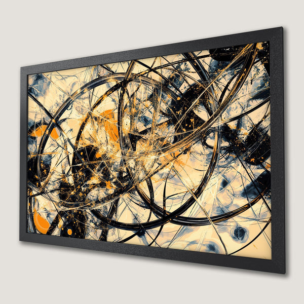 Framed Poster featuring abstract art with black, orange, and cream color palette. Modern wall decor for your home.