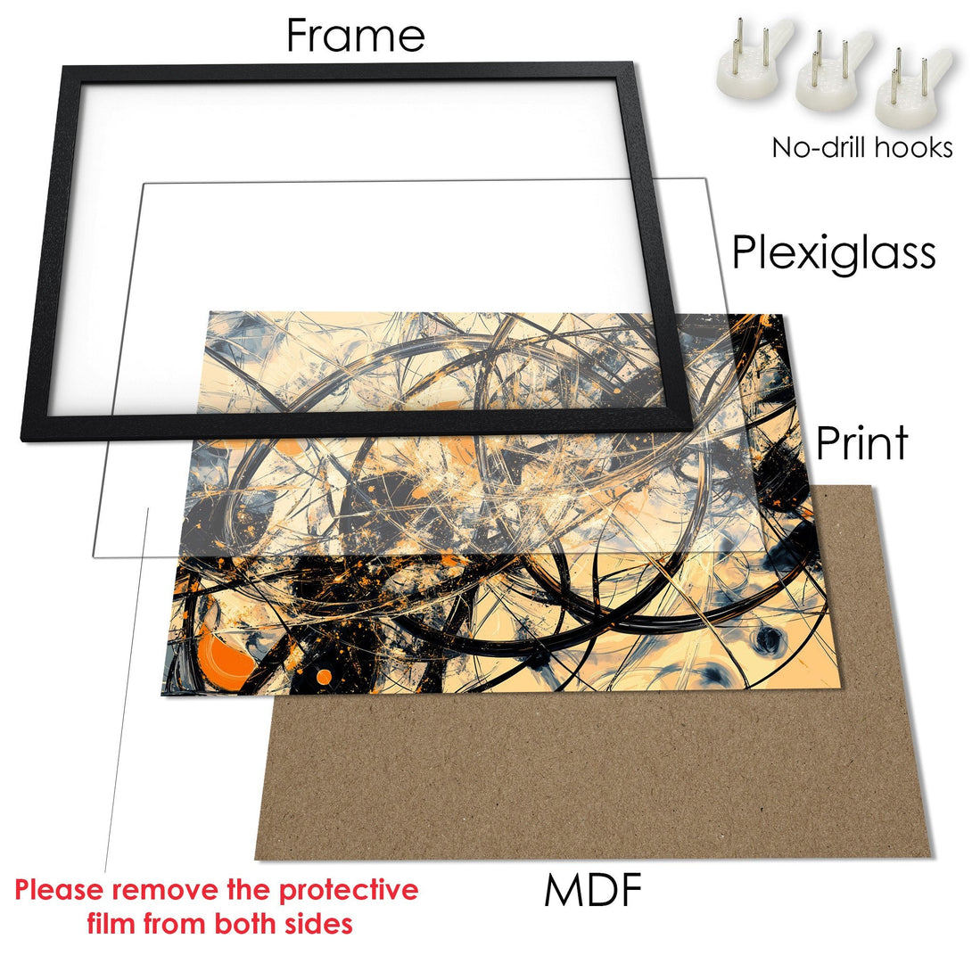 Framed Poster with abstract art in black, orange, and beige. Modern style, ready to hang and elevate your space!