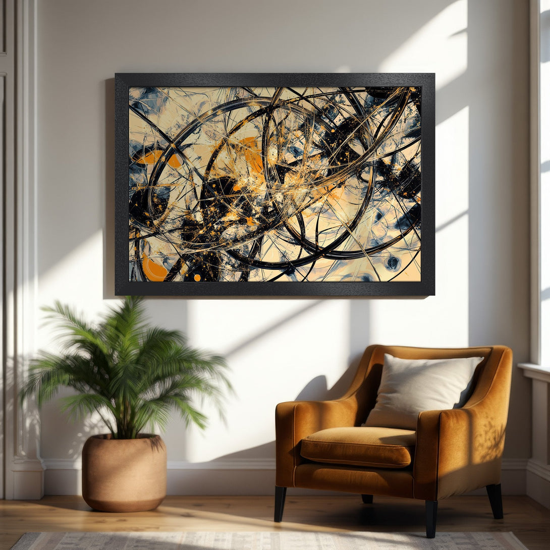 Framed Poster featuring abstract art with black, orange, and beige tones. Modern style for home decor.