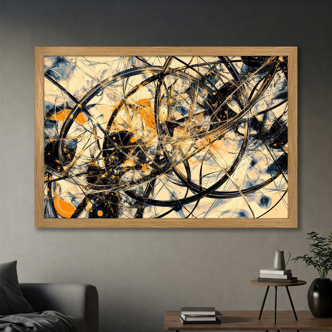 Framed Poster featuring abstract art with black, orange, and cream colors. Modern wall art to elevate your space!