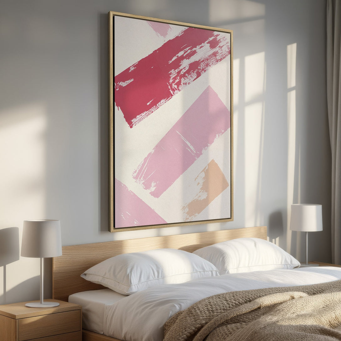 Framed Wall Art: Abstract brushstroke art in pink and red hues. Modern style canvas print perfect for bedroom decor. Add a pop of color to your space!