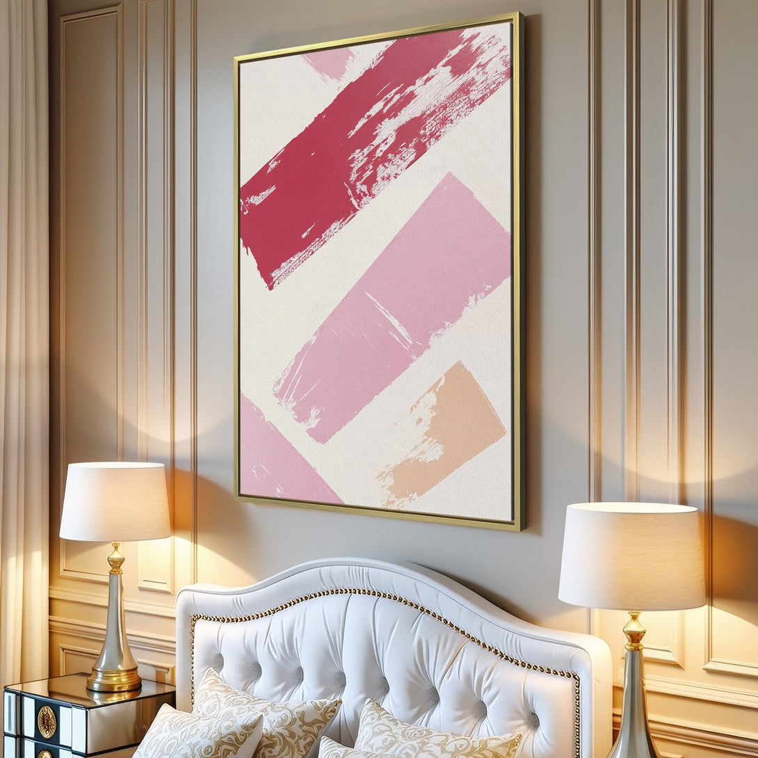 Canvas Print featuring abstract brushstrokes in pink and peach hues. Modern art style perfect for adding a pop of color to any interior.