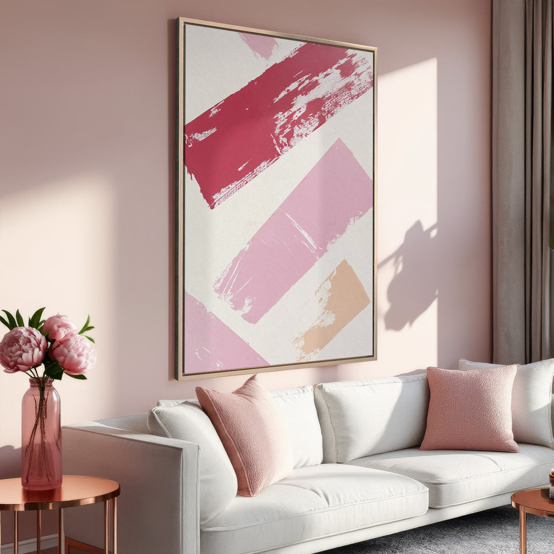 Framed Wall Art featuring abstract brushstrokes in pink and red hues. Modern art for living room decor, creating a stylish and inviting space.