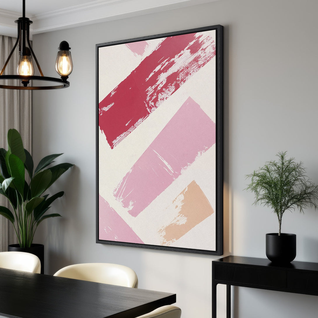 Framed Wall Art: Abstract brushstroke design in pink and red hues. Modern Canvas Print ideal for adding a pop of color to any interior space.