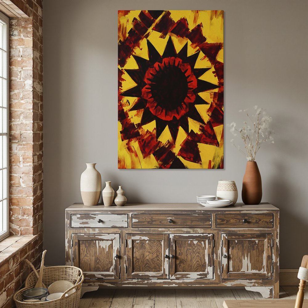 Framed Wall Art: Abstract sunburst design in red and yellow, perfect for dining room decor. Add bold color with this canvas print!