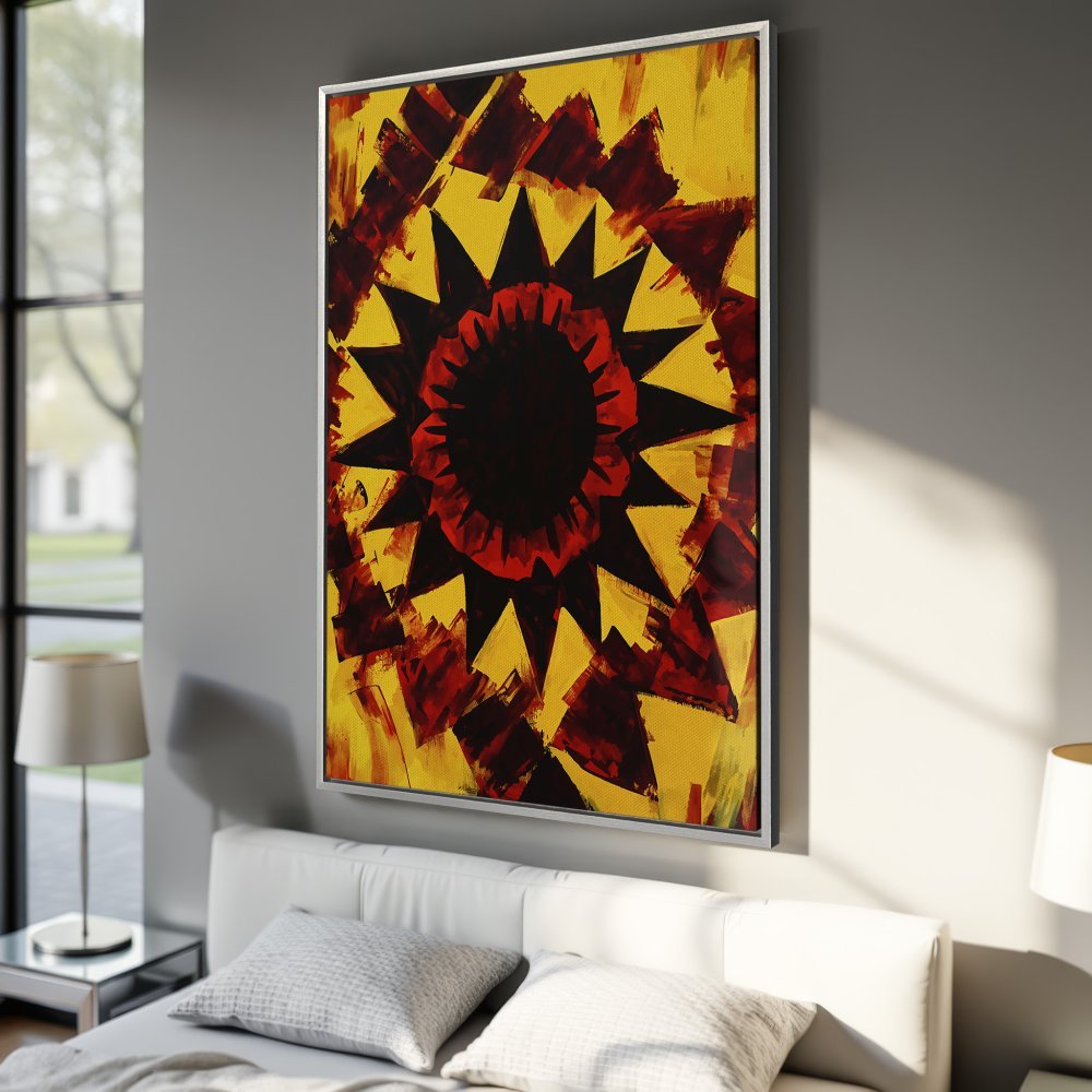 Framed Wall Art: Abstract sunburst design in yellow, red, and black. Modern art Canvas Print adds a pop of color to any bedroom.