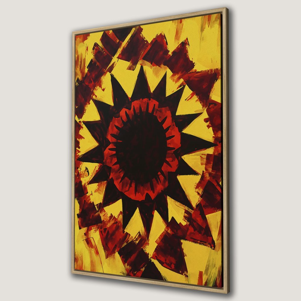 Abstract Canvas Print with bold red and yellow colors, featuring a striking starburst design. Modern wall art for a pop of color.