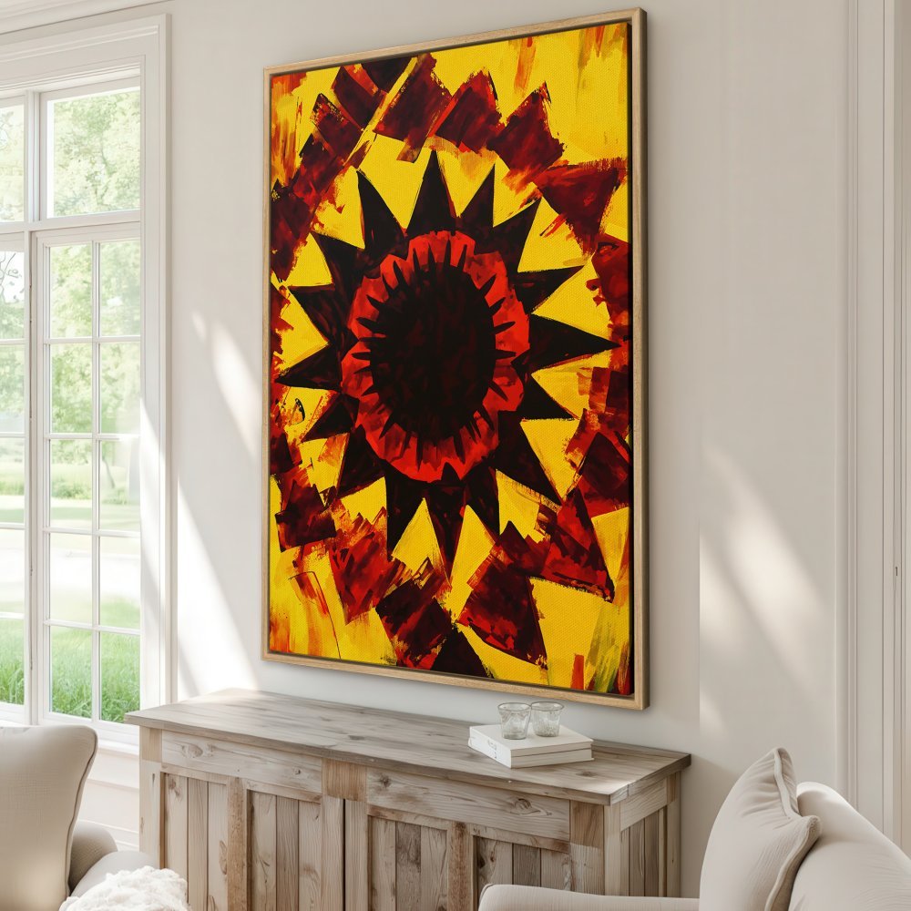 Framed Wall Art: Abstract floral design in vibrant yellow, red, and black. Modern art canvas print for a bold statement.