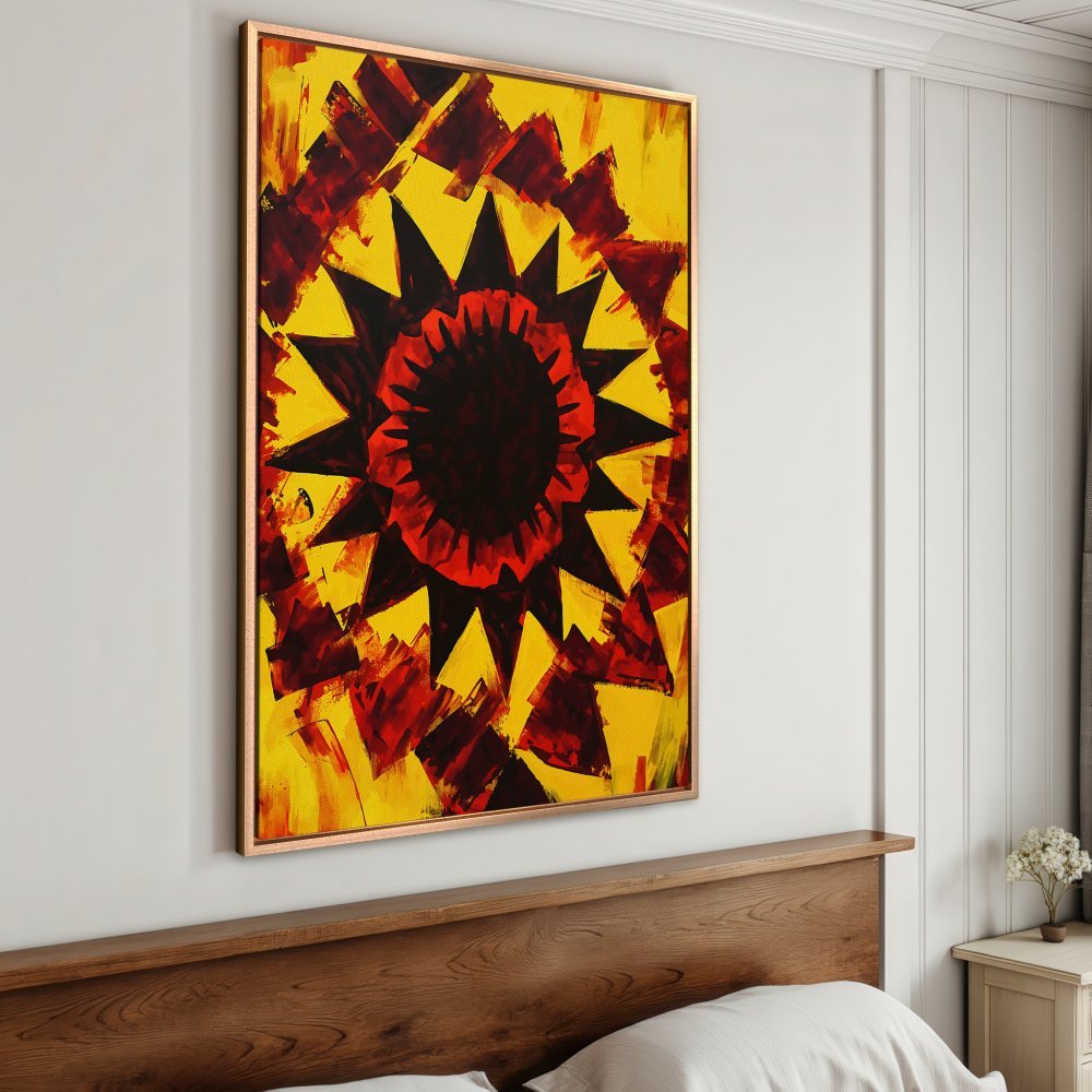 Framed Wall Art: Abstract sunflower painting in bold red and yellow hues. Modern art for a vibrant home decor statement.