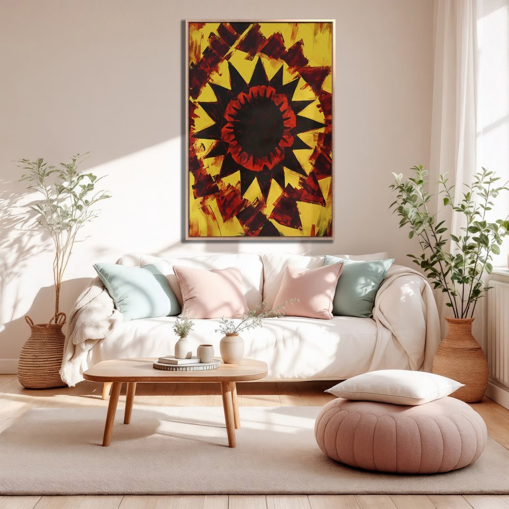 Framed Wall Art: Abstract sunburst design in yellow, red, and black. Modern art Canvas Print adds a pop of color to your living room.