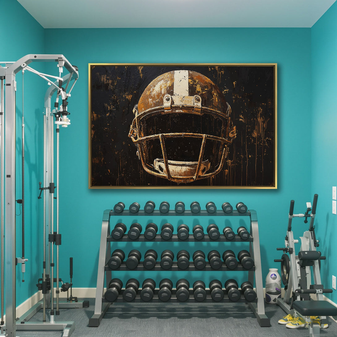 Canvas Print featuring an abstract football helmet in a rustic, warm color palette. Perfect wall art for a gym or sports-themed room.