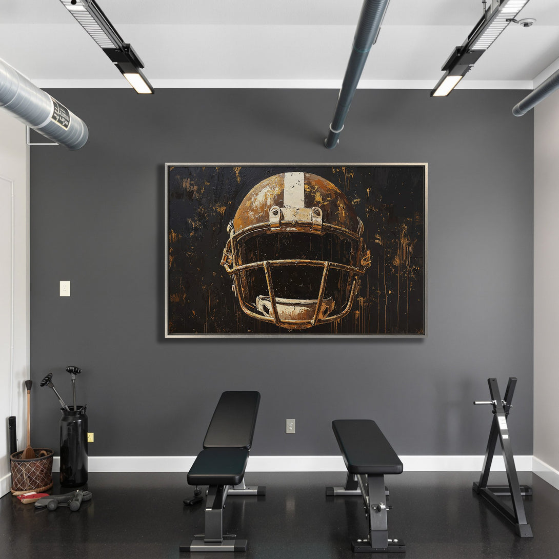 Framed Wall Art: Abstract football helmet art in a modern gym. Dark, textured style with a warm, earthy color palette. Elevate your space!